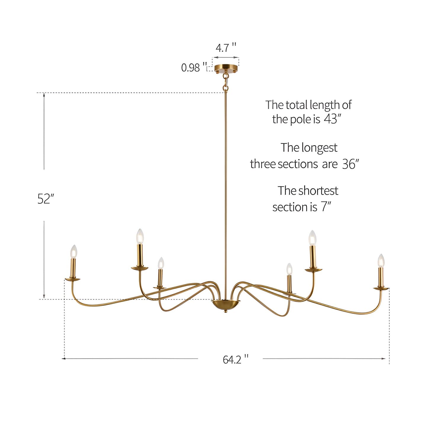 Lampadario minimalista da 64 pollici con 6 luci in nero opaco/oro/cromo - N/D