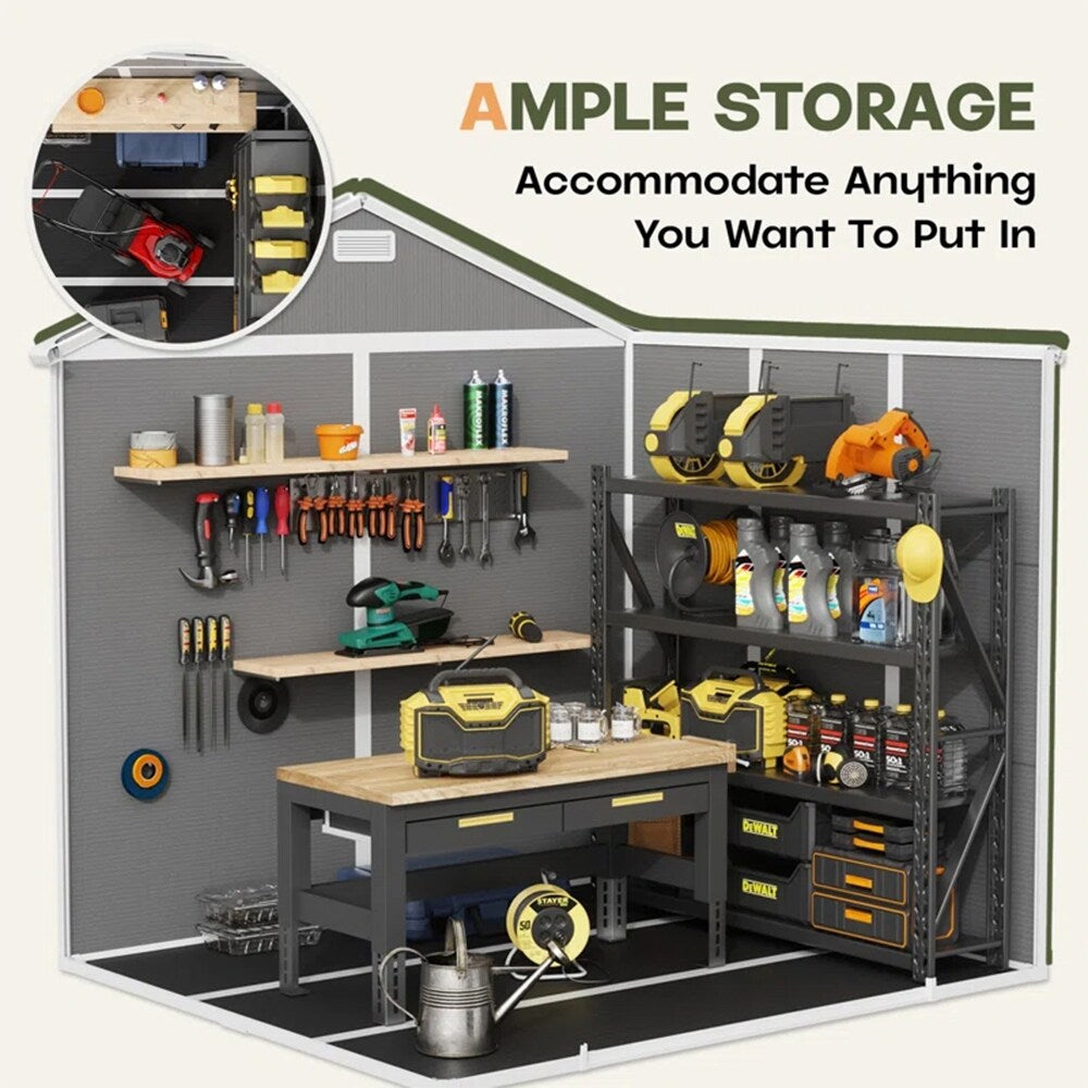 Capannone per attrezzi da esterno in resina resistente alle intemperie, 6 piedi x 4 piedi/6 piedi x 8 piedi/8 piedi x 6 piedi/8 piedi x 10 piedi, con pavimento, Spire Tool Shed