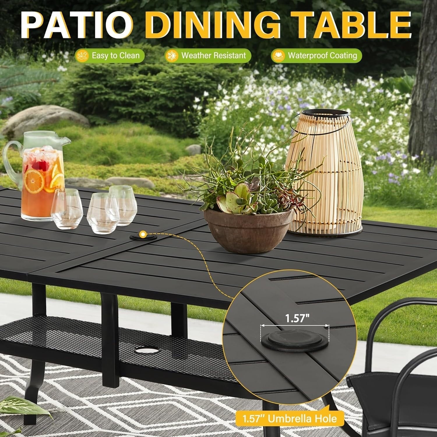 Tavolo da pranzo rettangolare in metallo con doghe per patio esterno 60 x 37 con foro per ombrellone per 6 persone