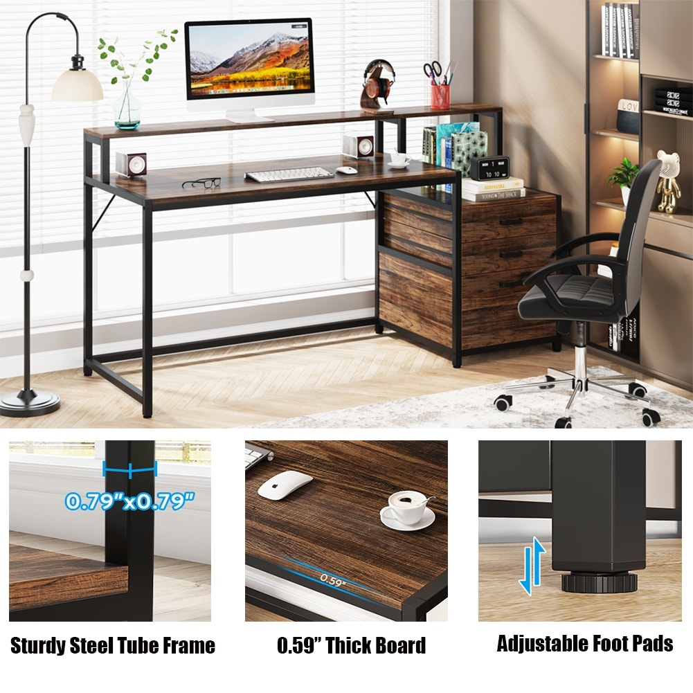 Scrivania per computer da 63 pollici con supporto per monitor, scrivanie ergonomiche per ufficio domestico con cassetti e schedario