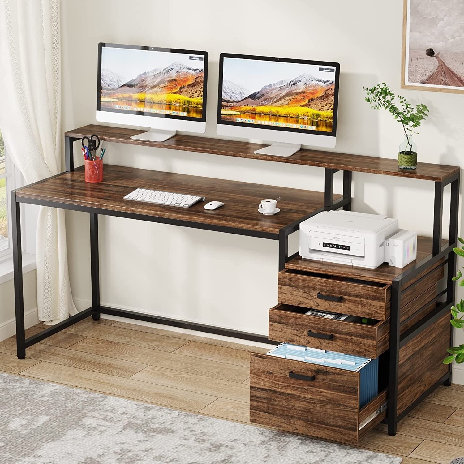 Scrivania per computer da 63 pollici con supporto per monitor, scrivanie ergonomiche per ufficio domestico con cassetti e schedario