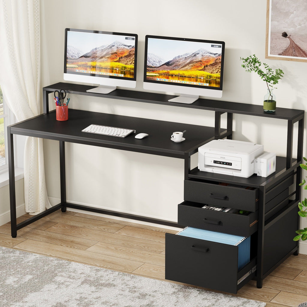 Scrivania per computer da 63 pollici con supporto per monitor, scrivanie ergonomiche per ufficio domestico con cassetti e schedario