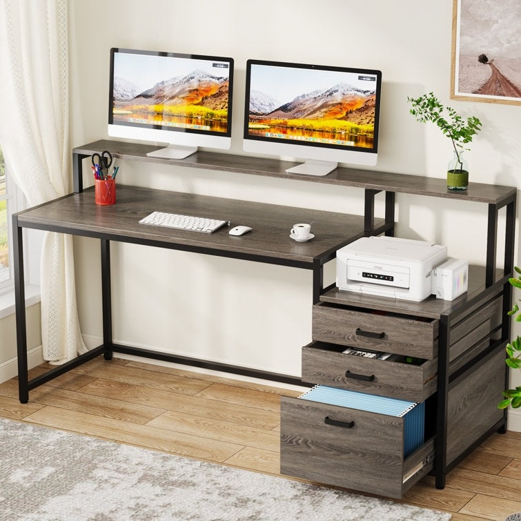 Scrivania per computer da 63 pollici con supporto per monitor, scrivanie ergonomiche per ufficio domestico con cassetti e schedario