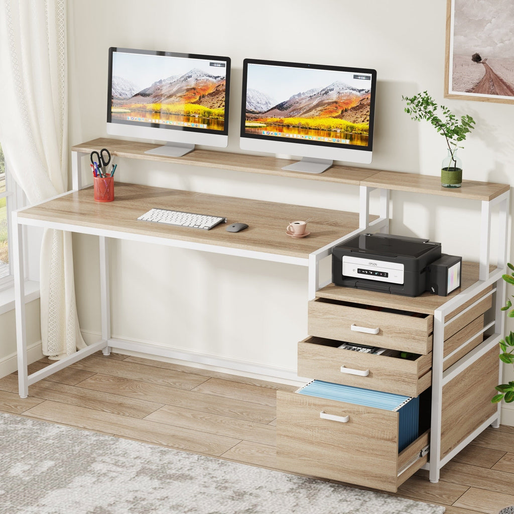Scrivania per computer da 63 pollici con supporto per monitor, scrivanie ergonomiche per ufficio domestico con cassetti e schedario