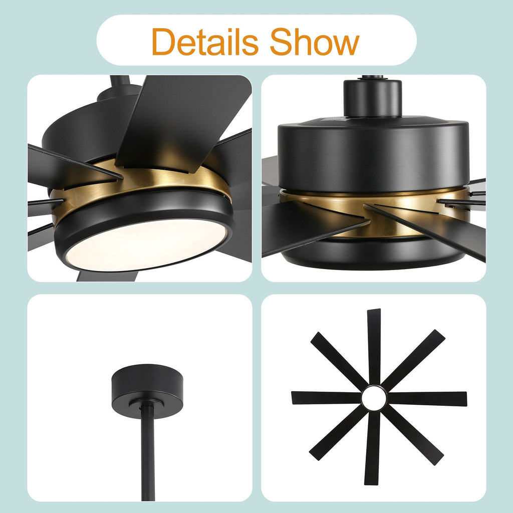 Ventilatore da soffitto a LED nero da 65 pollici a 8 pale con luce e telecomando