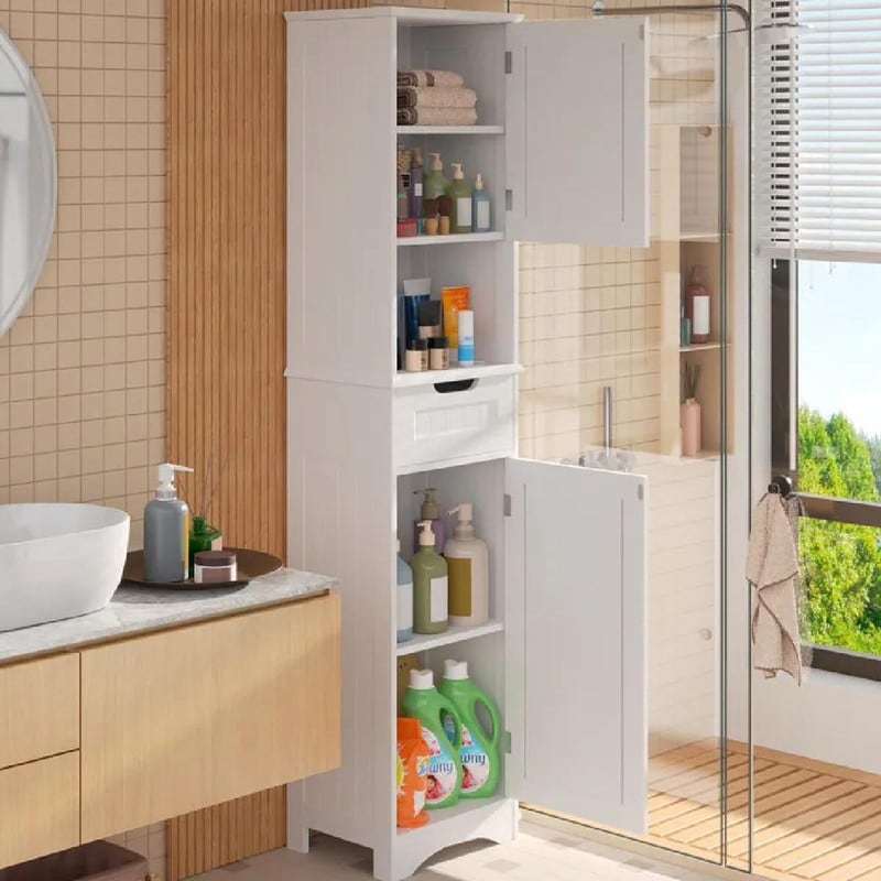 Mobiletto stretto per la biancheria da bagno alto 67'', mobiletto portaoggetti indipendente in legno massello a 5 ripiani