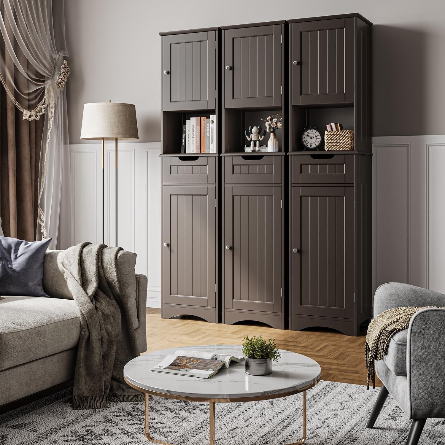 Mobiletto stretto per la biancheria da bagno alto 67'', mobiletto portaoggetti indipendente in legno massello a 5 ripiani