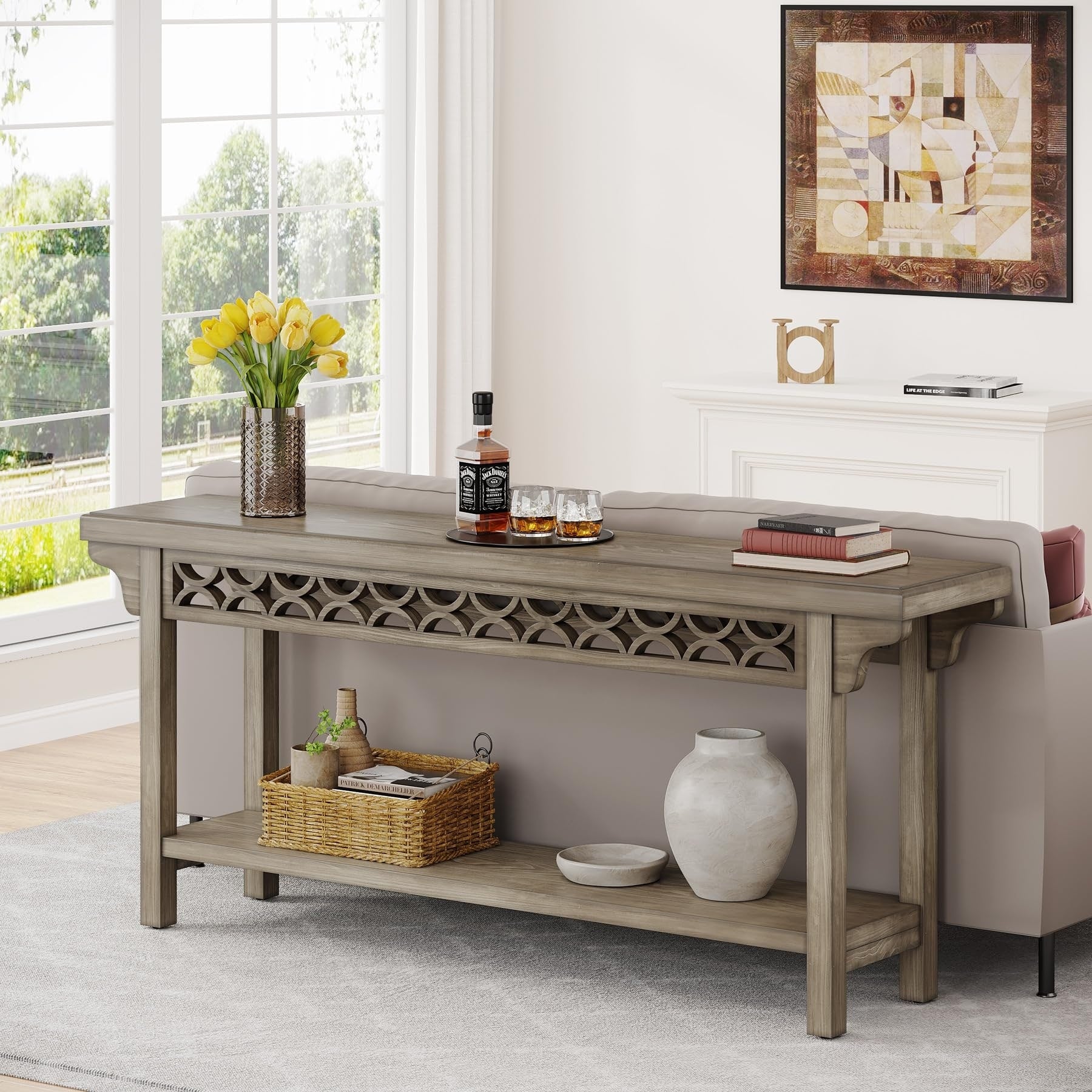 Tavolo da divano consolle lungo in legno massello da fattoria da 70,8 pollici