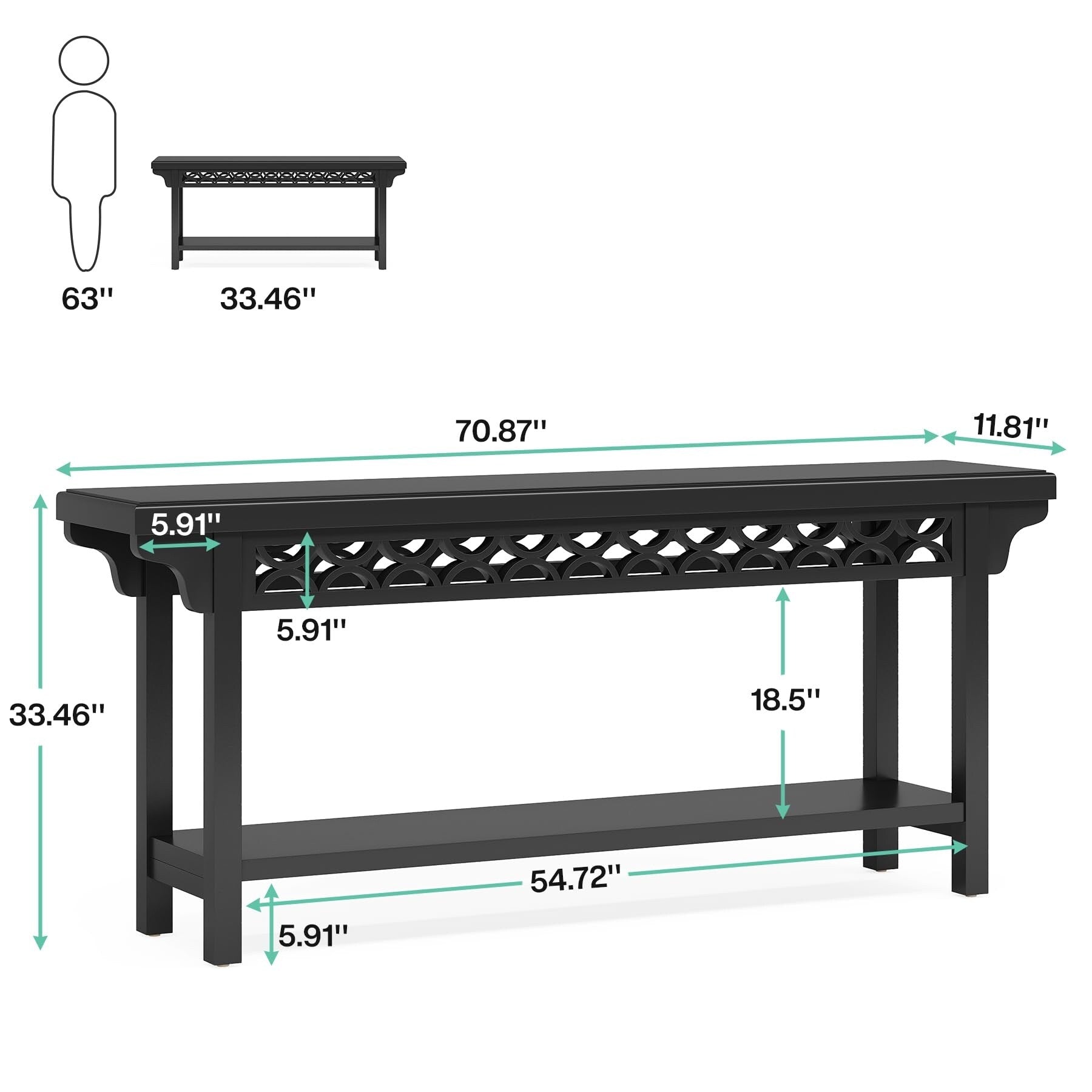 Tavolo da divano consolle lungo in legno massello da fattoria da 70,8 pollici