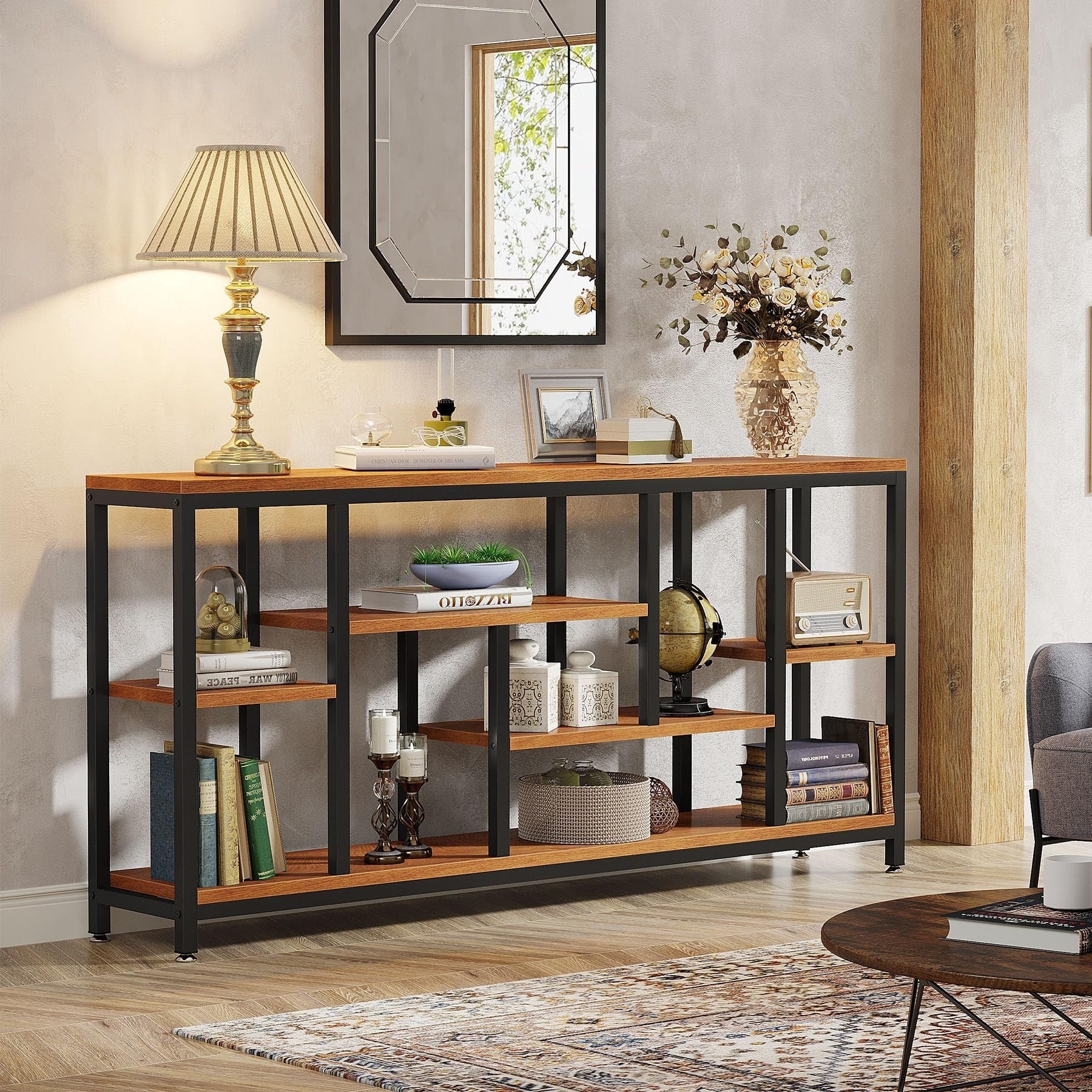 Tavolo da divano consolle da 70,9 pollici con contenitore, tavolo da ingresso a 3 livelli per corridoio