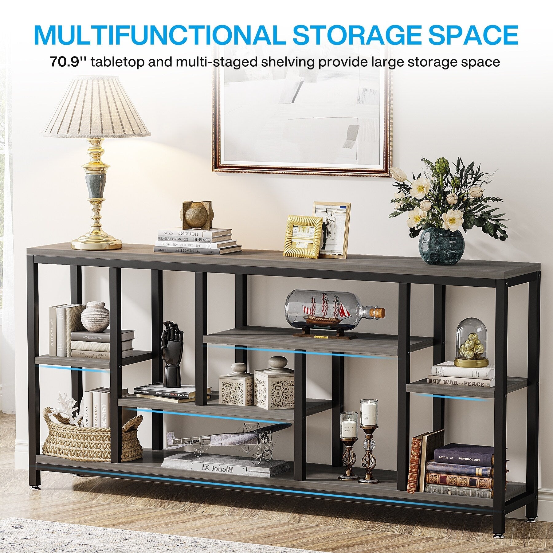 Tavolo da divano consolle da 70,9 pollici con contenitore, tavolo da ingresso a 3 livelli per corridoio