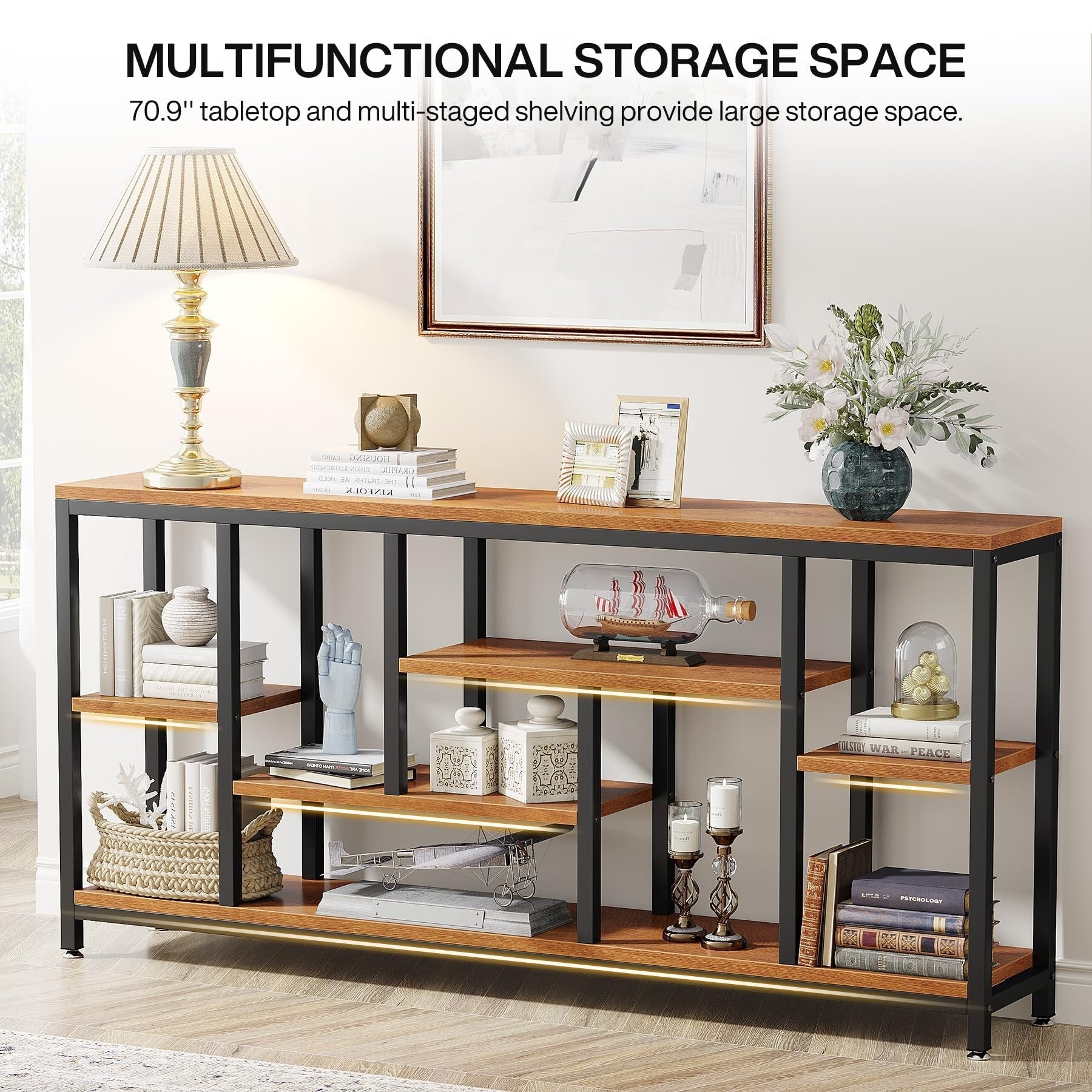 Tavolo da divano consolle da 70,9 pollici con contenitore, tavolo da ingresso a 3 livelli per corridoio