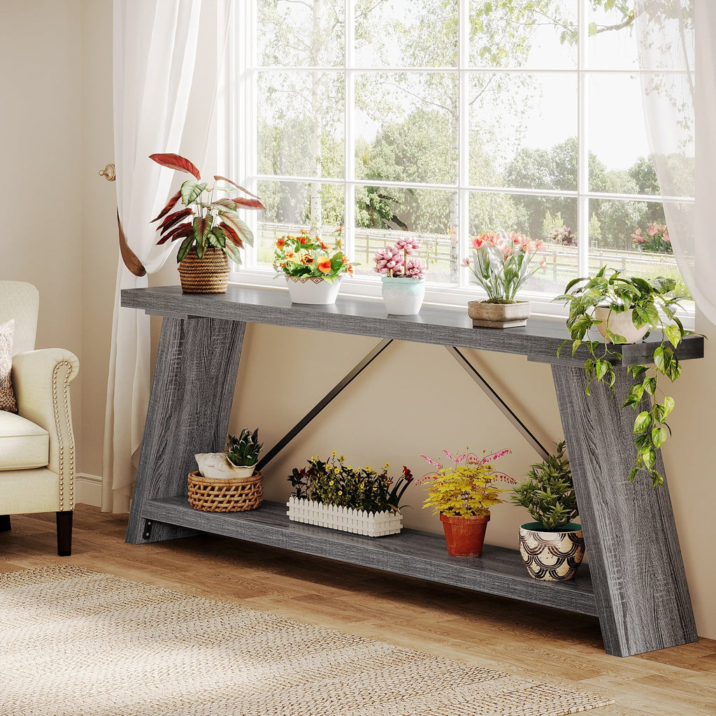 Tavolo da divano in legno rustico lungo 70,9 pollici con ripiano portaoggetti