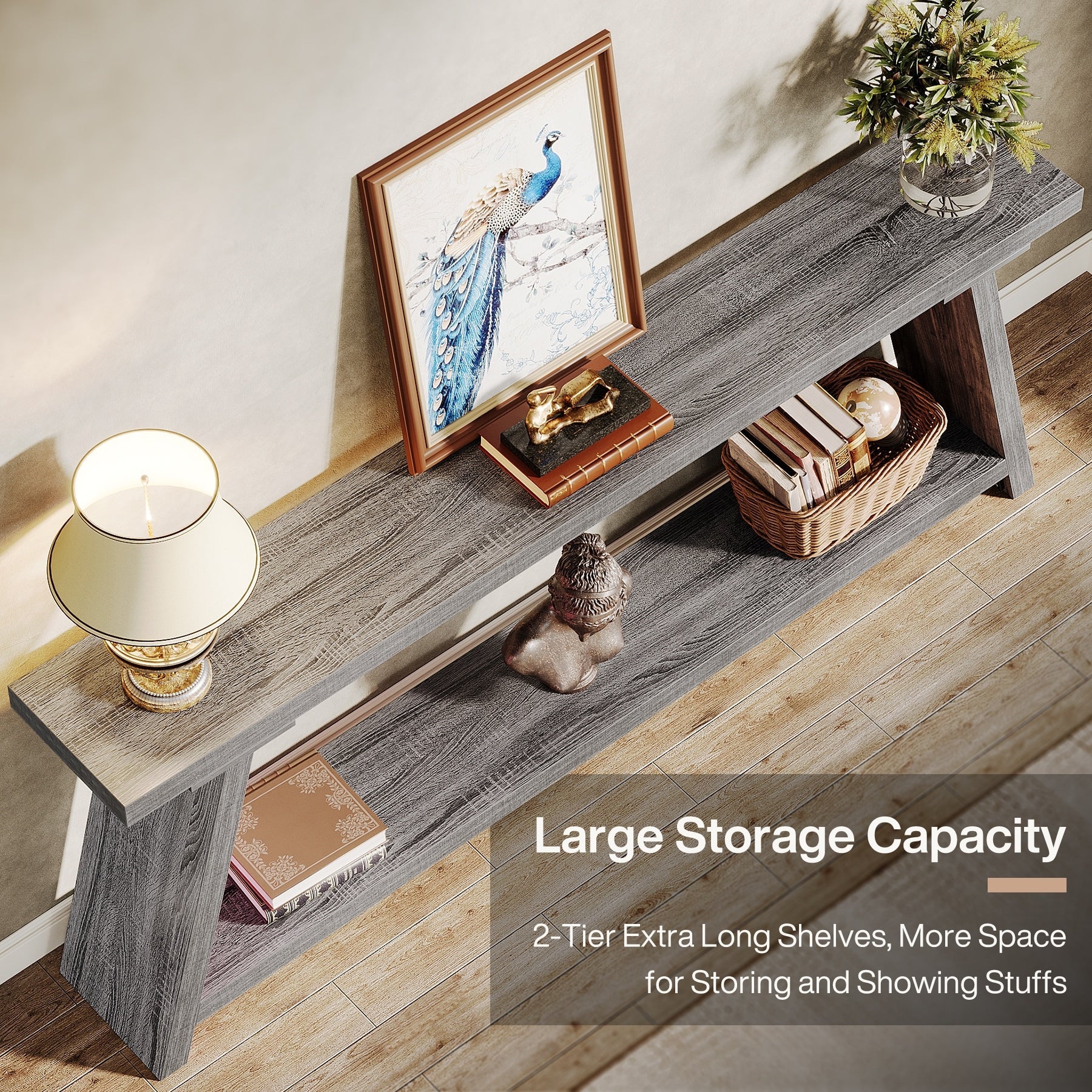 Tavolo da divano in legno rustico lungo 70,9 pollici con ripiano portaoggetti