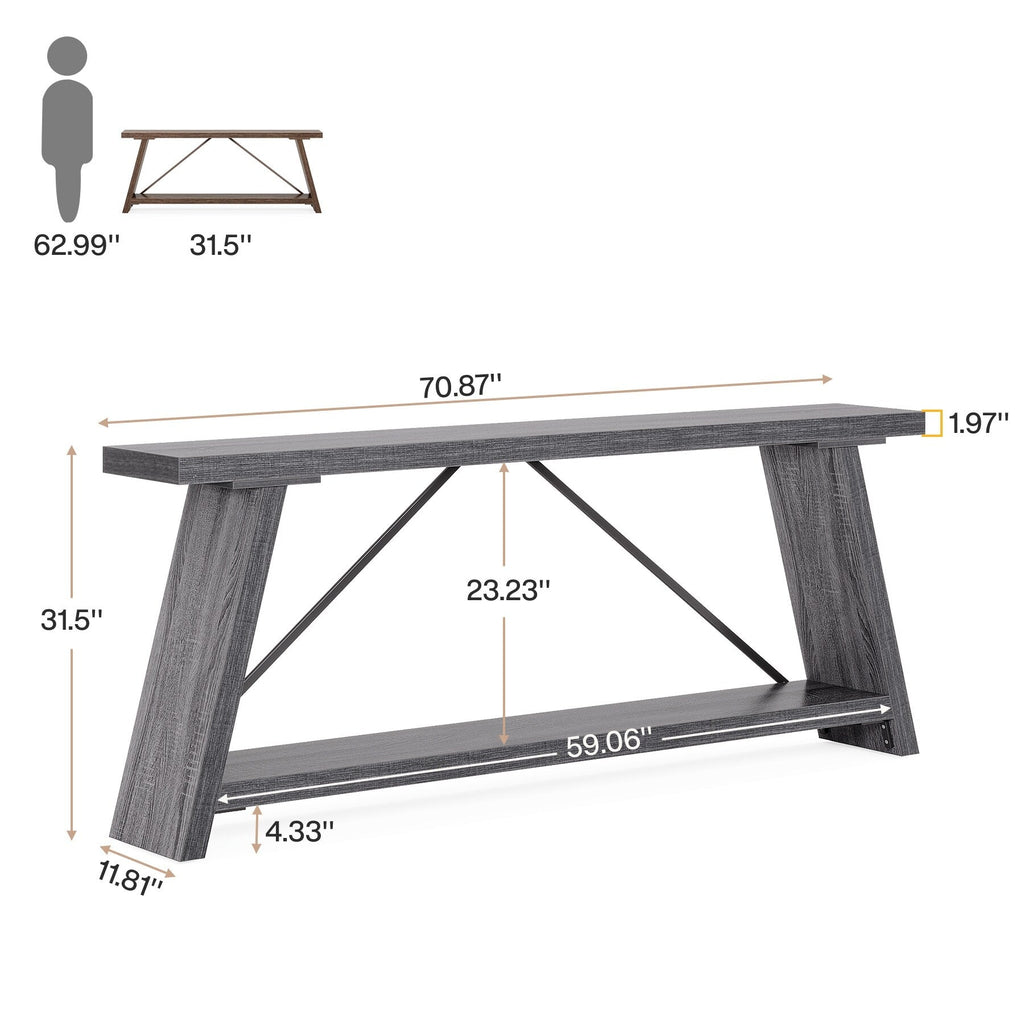 Tavolo da divano in legno rustico lungo 70,9 pollici con ripiano portaoggetti