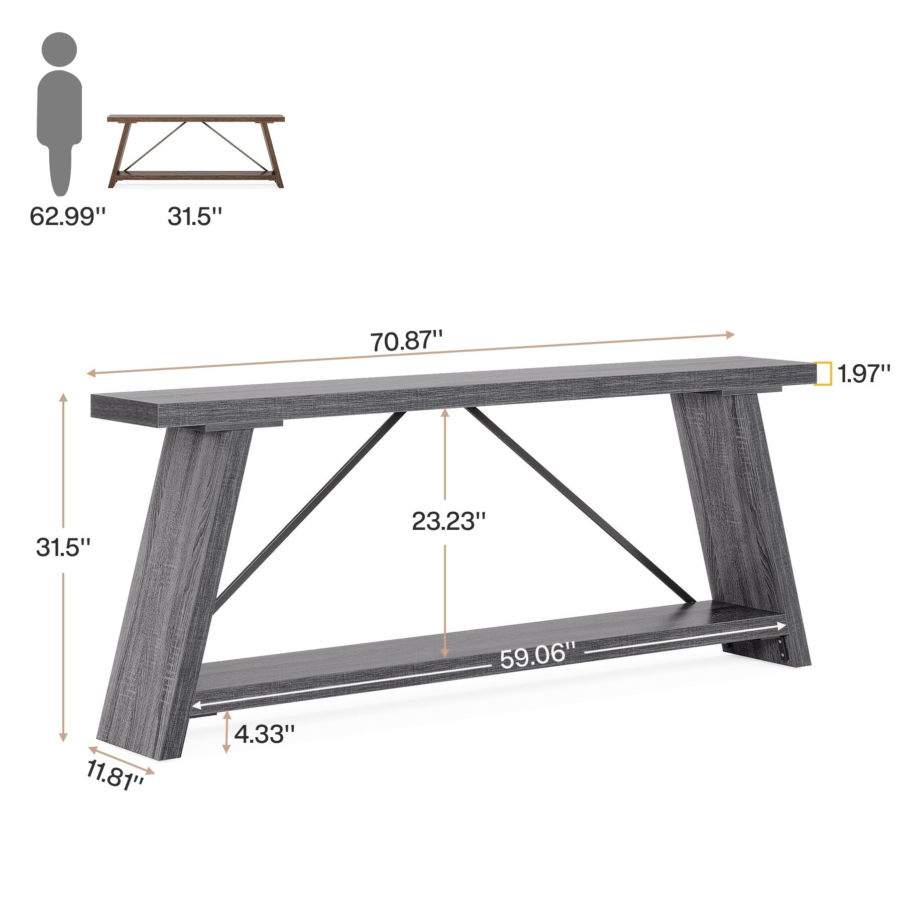 Tavolo da divano in legno rustico lungo 70,9 pollici con ripiano portaoggetti