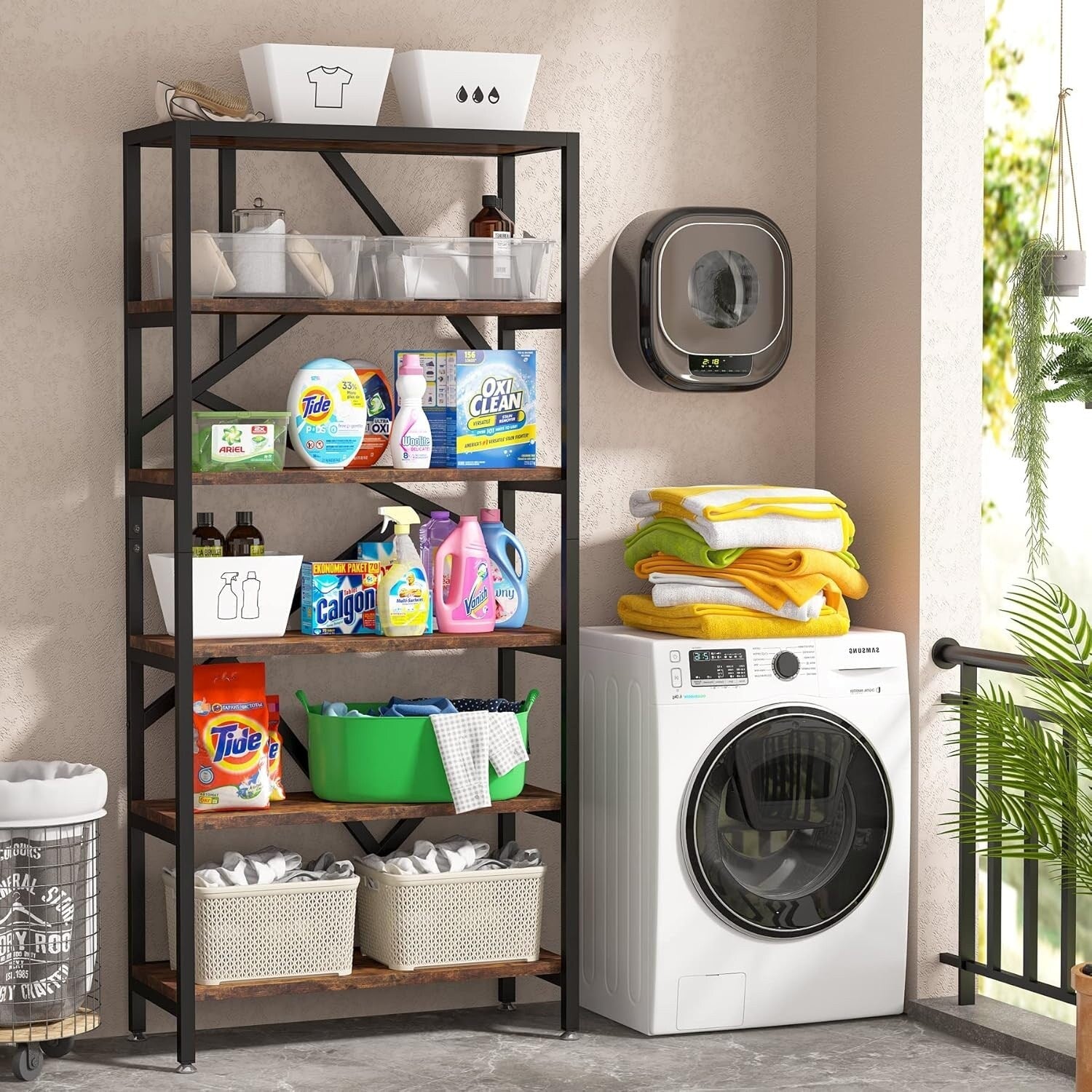 Libreria industriale 71, libreria Etagere in legno marrone rustico a 6 ripiani, ripiani aperti