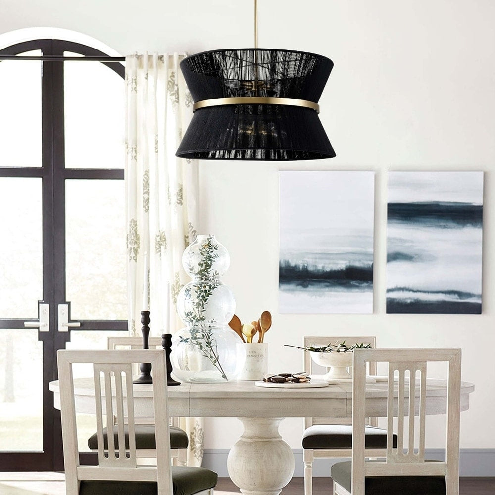 Lampadario a tamburo grande in stile boho moderno a 8 luci, lampadario a clessidra in tessuto intrecciato a mano da 24 pollici in oro/nero per sala da pranzo/soggiorno