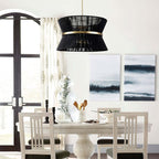 Lampadario a tamburo grande in stile boho moderno a 8 luci, lampadario a clessidra in tessuto intrecciato a mano da 24 pollici in oro/nero per sala da pranzo/soggiorno