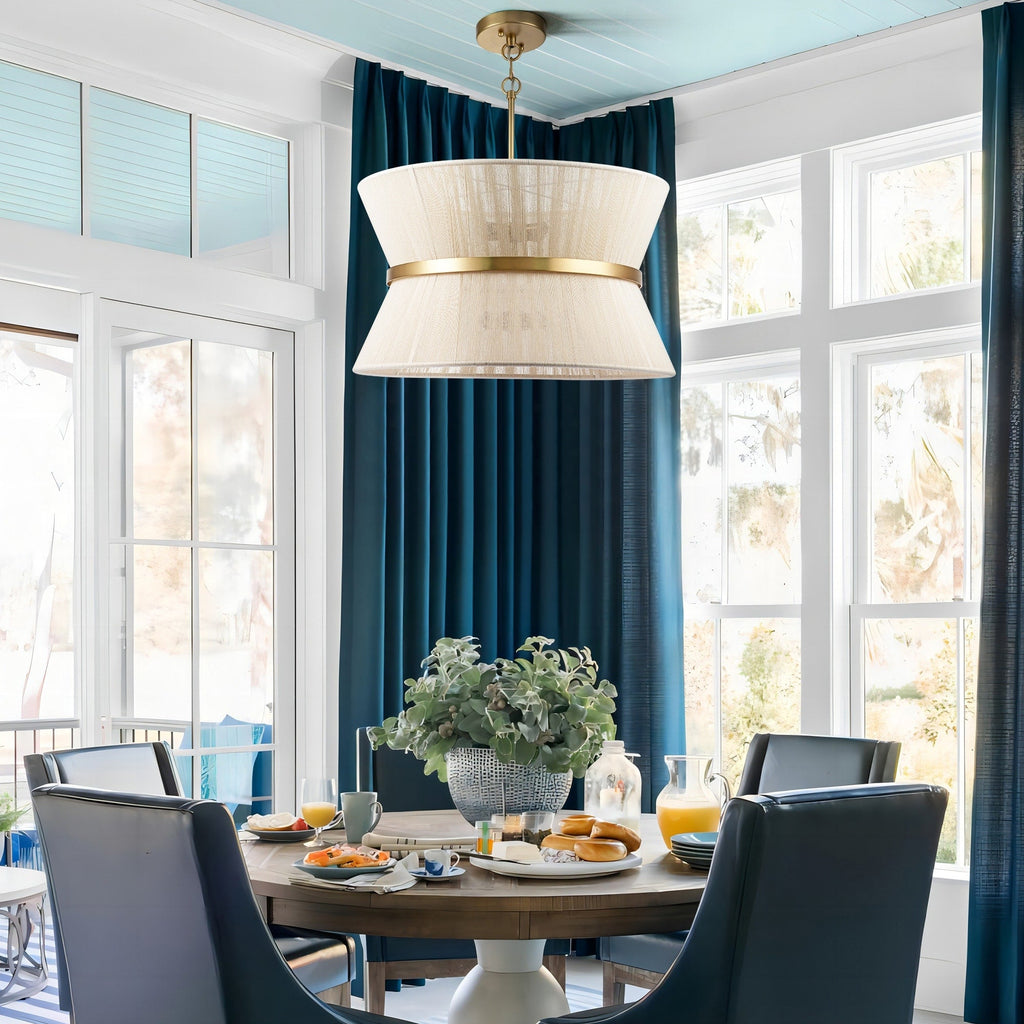 Lampadario a tamburo grande in stile boho moderno a 8 luci, lampadario a clessidra in tessuto intrecciato a mano da 24 pollici in oro/nero per sala da pranzo/soggiorno