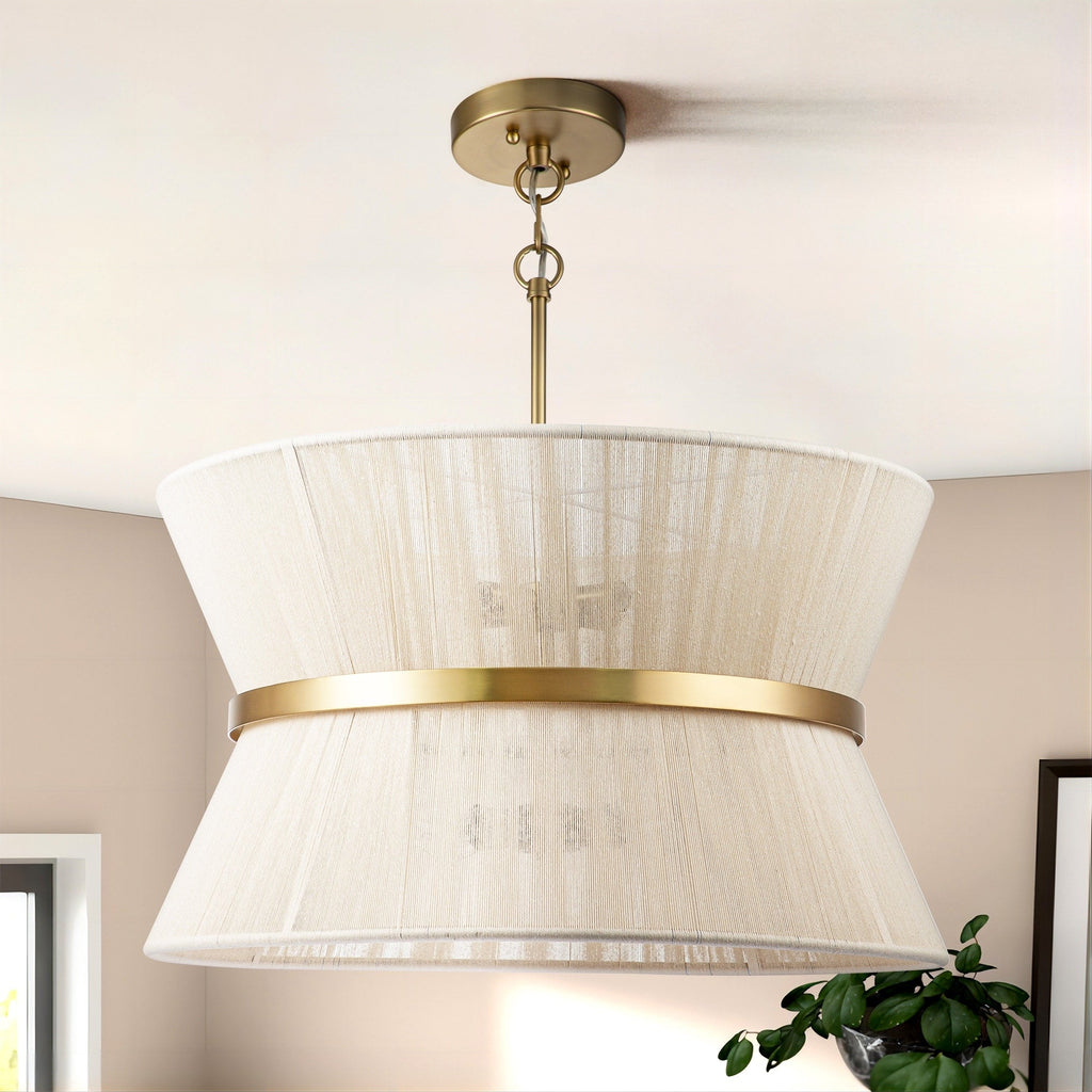 Lampadario a tamburo grande in stile boho moderno a 8 luci, lampadario a clessidra in tessuto intrecciato a mano da 24 pollici in oro/nero per sala da pranzo/soggiorno