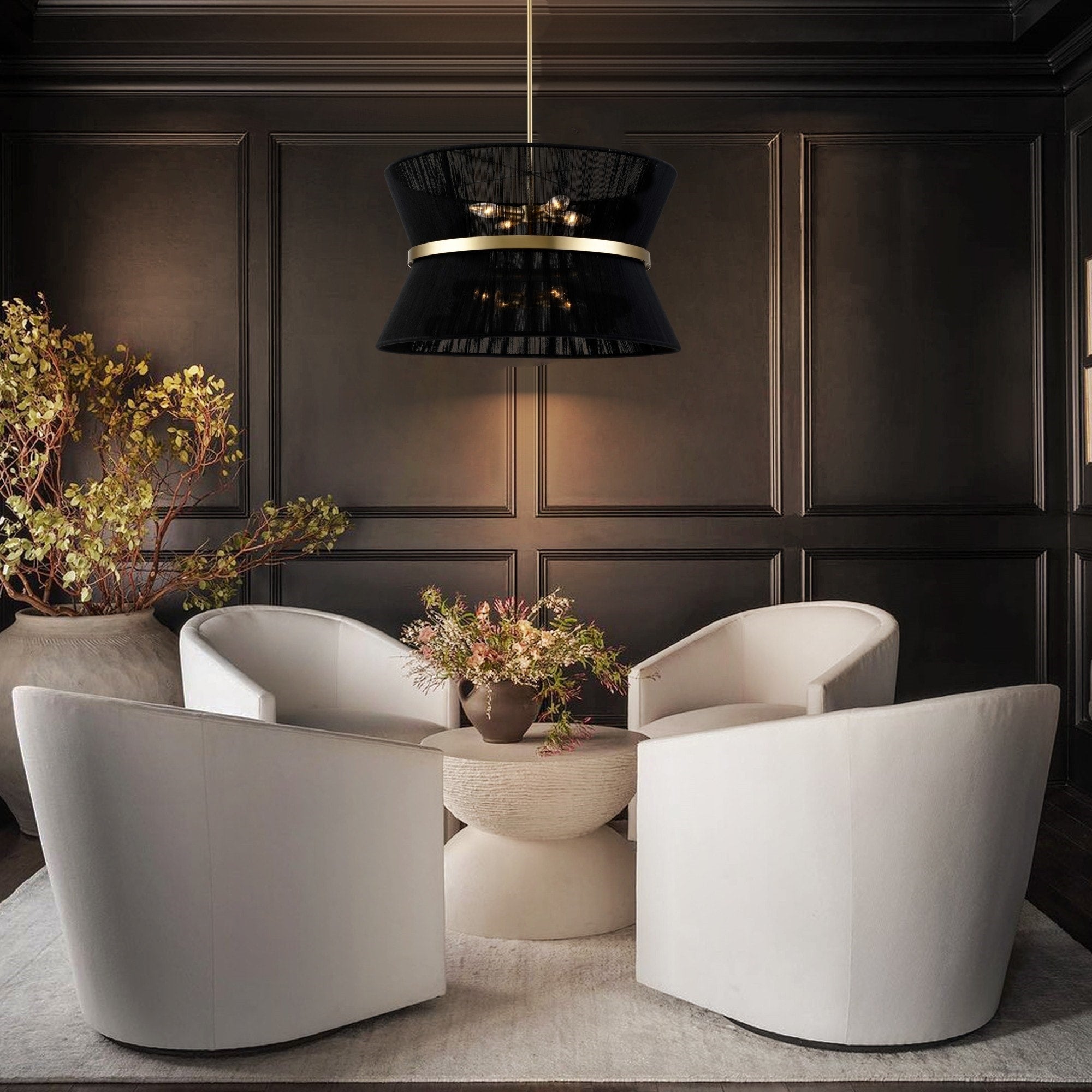 Lampadario a tamburo grande in stile boho moderno a 8 luci, lampadario a clessidra in tessuto intrecciato a mano da 24 pollici in oro/nero per sala da pranzo/soggiorno