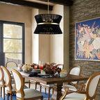 Lampadario a tamburo grande in stile boho moderno a 8 luci, lampadario a clessidra in tessuto intrecciato a mano da 24 pollici in oro/nero per sala da pranzo/soggiorno