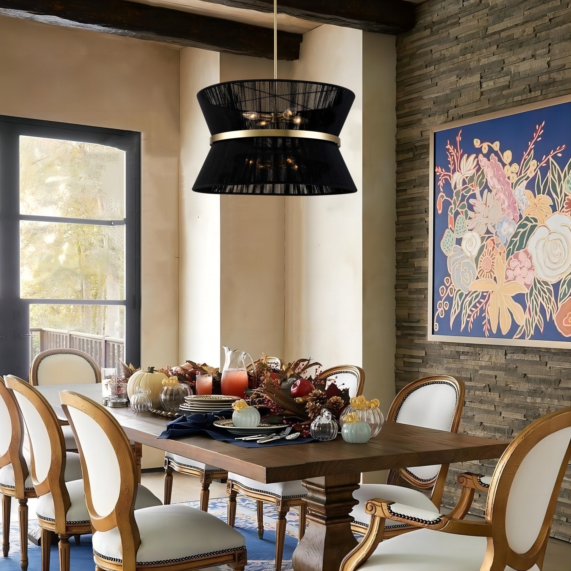 Lampadario a tamburo grande in stile boho moderno a 8 luci, lampadario a clessidra in tessuto intrecciato a mano da 24 pollici in oro/nero per sala da pranzo/soggiorno