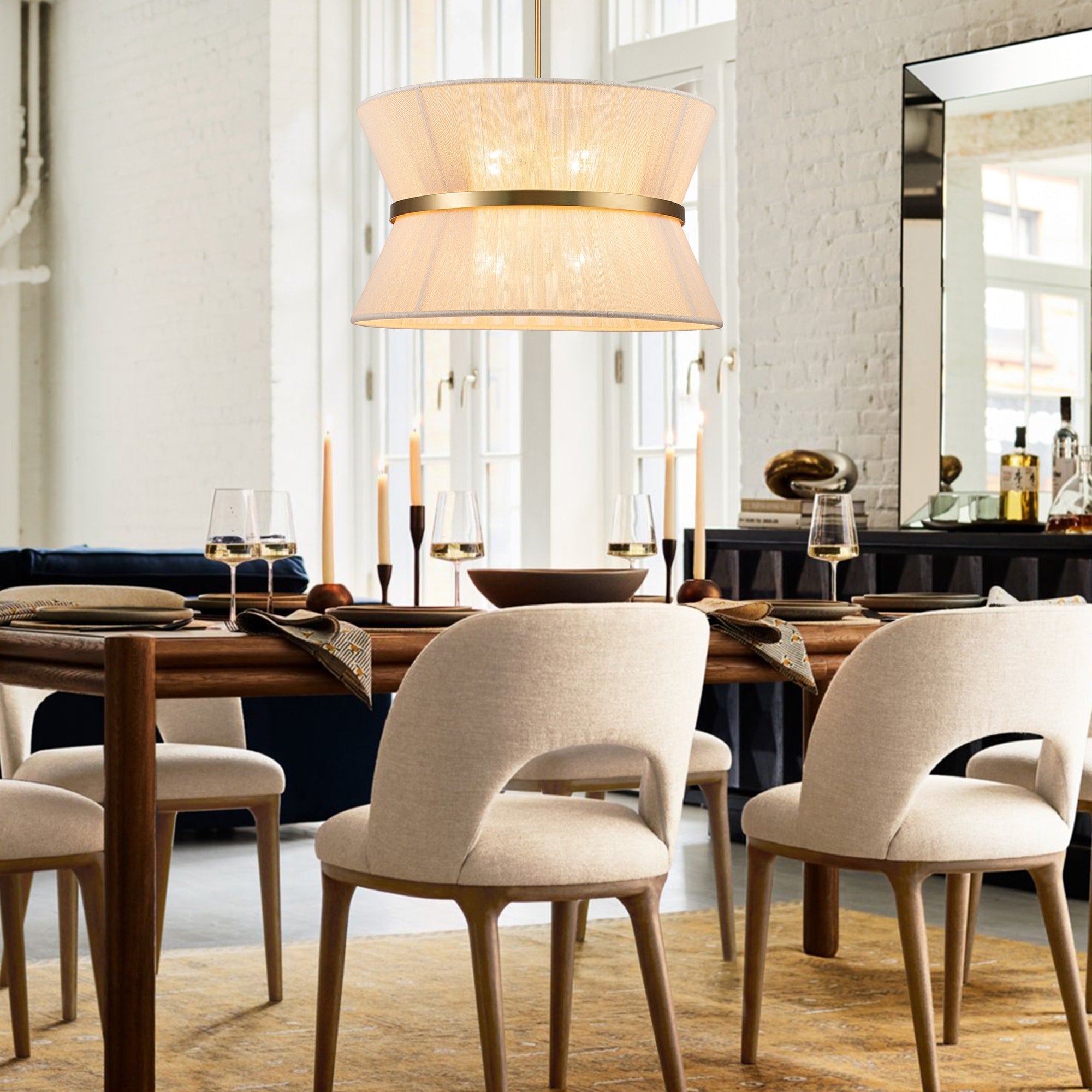 Lampadario a tamburo grande in stile boho moderno a 8 luci, lampadario a clessidra in tessuto intrecciato a mano da 24 pollici in oro/nero per sala da pranzo/soggiorno