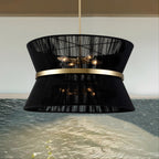 Lampadario a tamburo grande in stile boho moderno a 8 luci, lampadario a clessidra in tessuto intrecciato a mano da 24 pollici in oro/nero per sala da pranzo/soggiorno