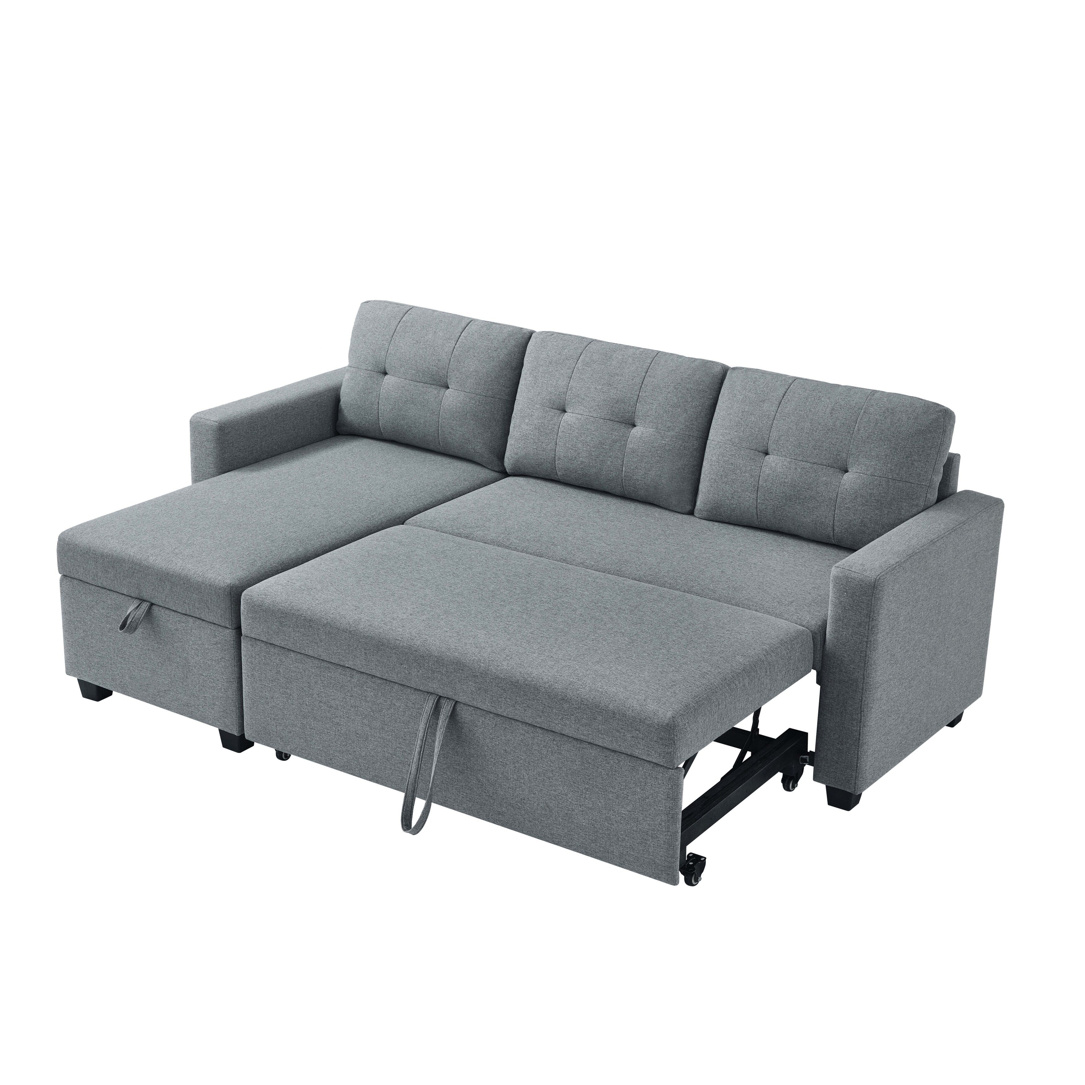 Divano letto imbottito trasformabile a 3 posti da 81,5'' con letto estraibile, chaise longue contenitore reversibile e cuscini per lo schienale