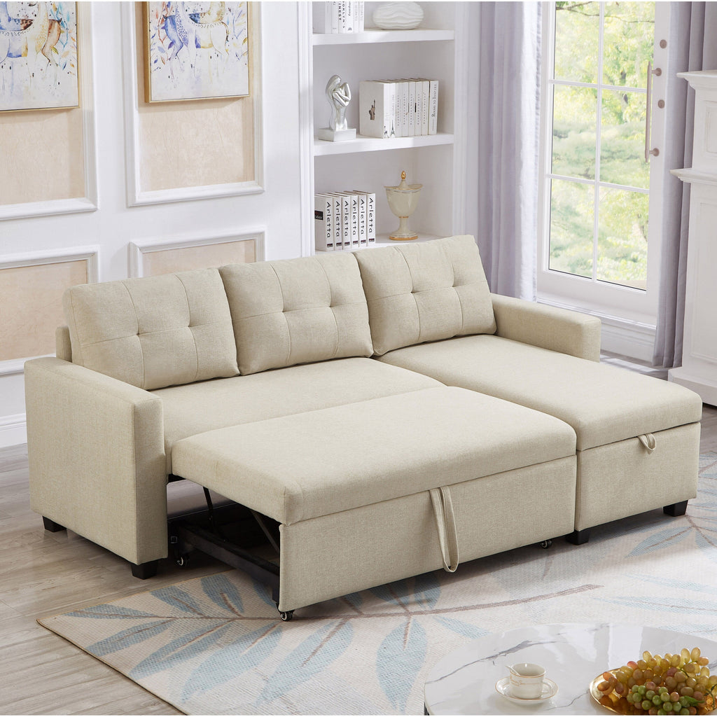 Divano letto imbottito trasformabile a 3 posti da 81,5'' con letto estraibile, chaise longue contenitore reversibile e cuscini per lo schienale