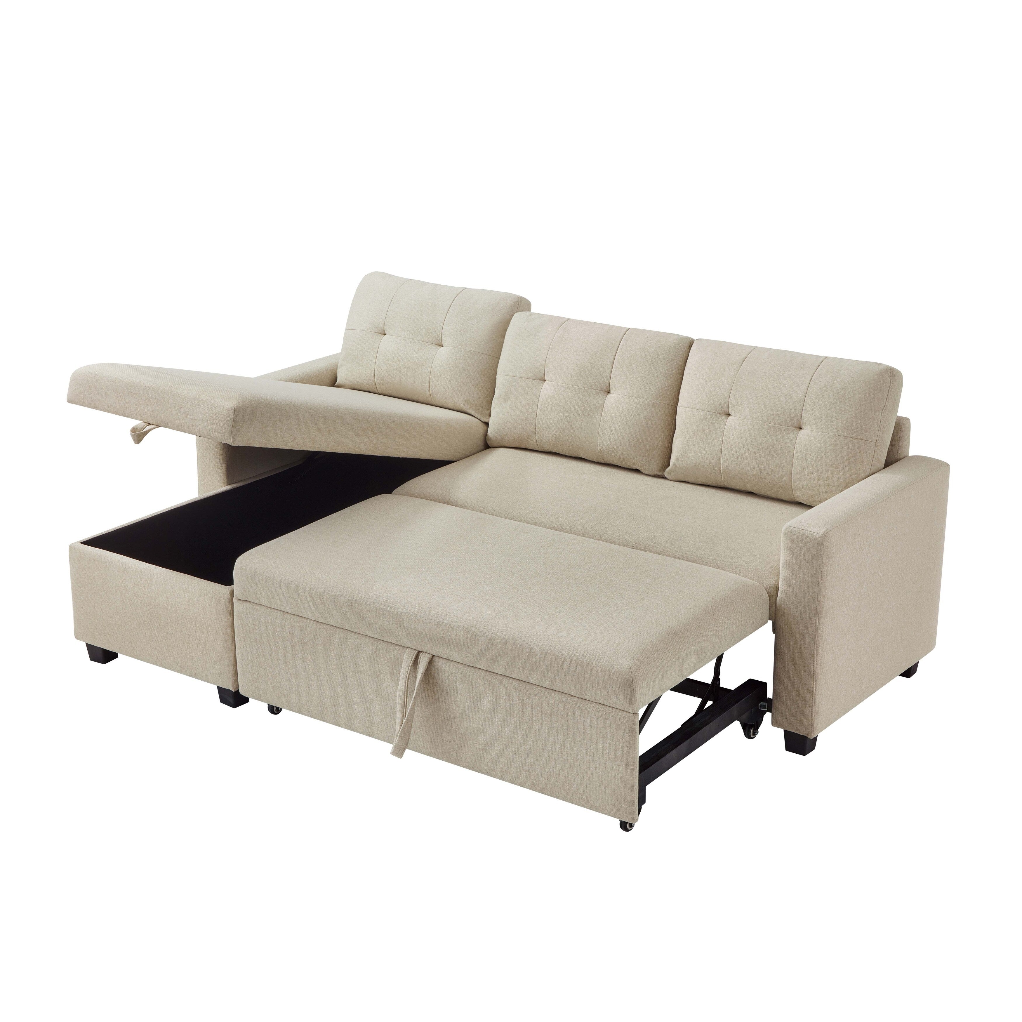 Divano letto imbottito trasformabile a 3 posti da 81,5'' con letto estraibile, chaise longue contenitore reversibile e cuscini per lo schienale