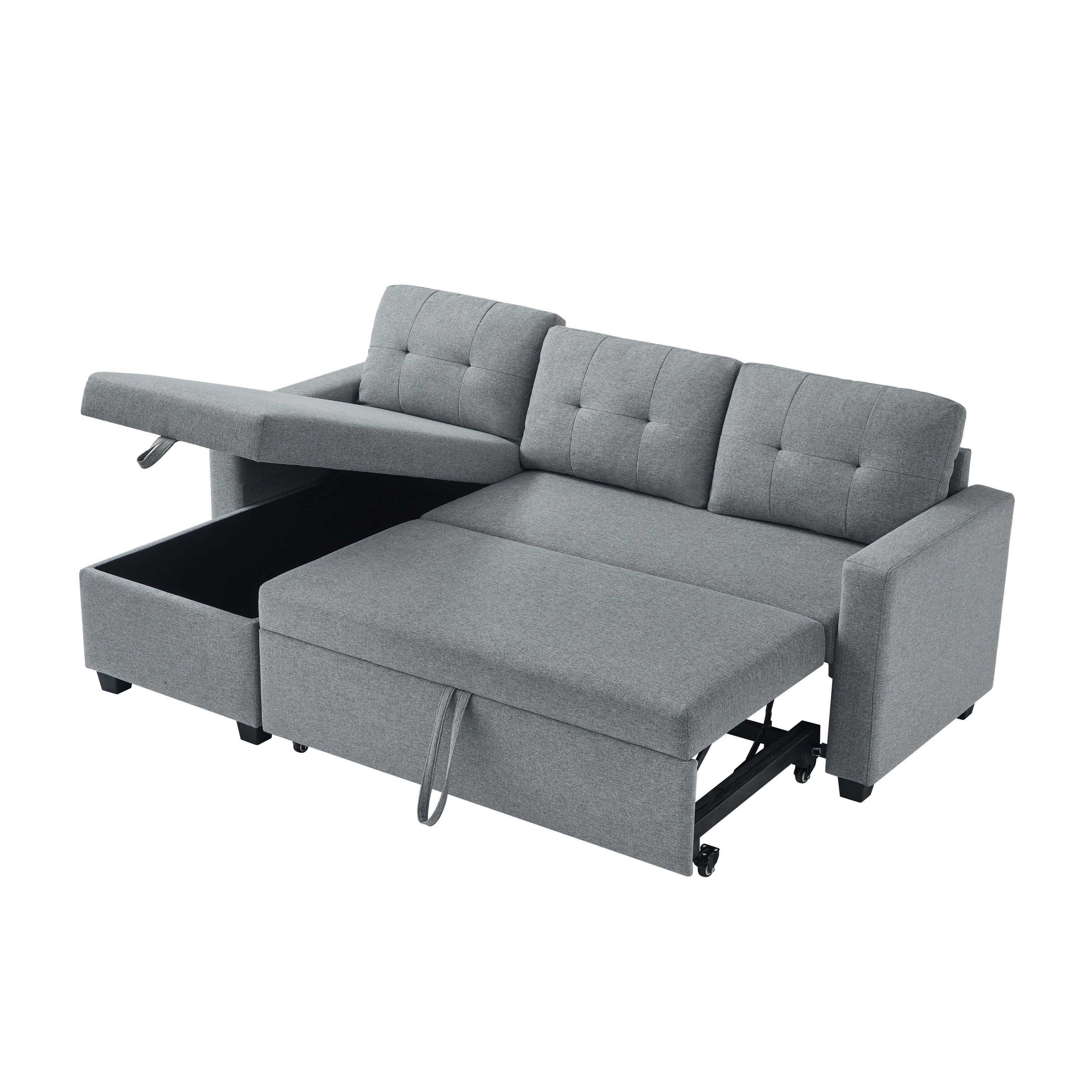 Divano letto imbottito trasformabile a 3 posti da 81,5'' con letto estraibile, chaise longue contenitore reversibile e cuscini per lo schienale