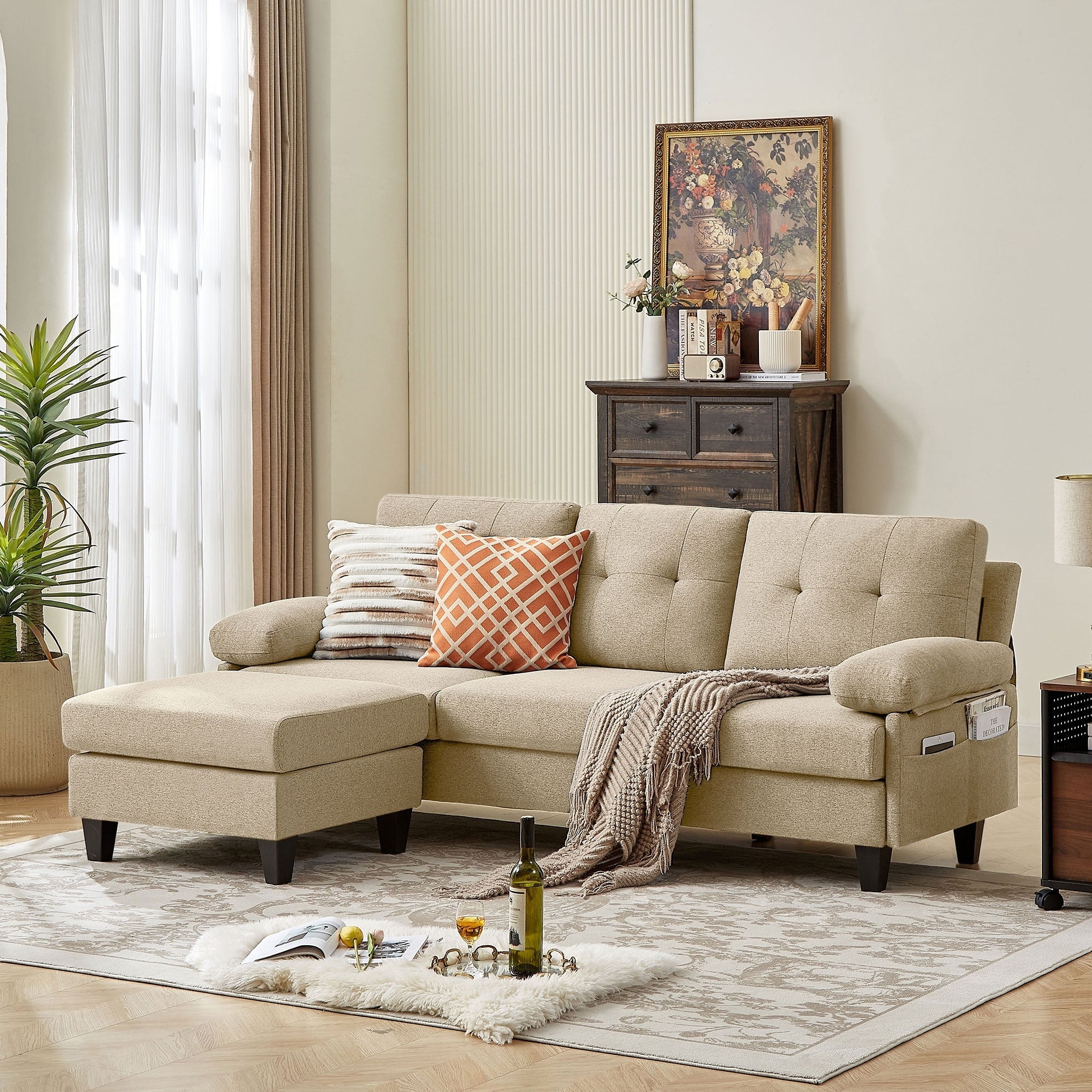 Divano componibile a L da 86,22 pollici con tasche portaoggetti laterali