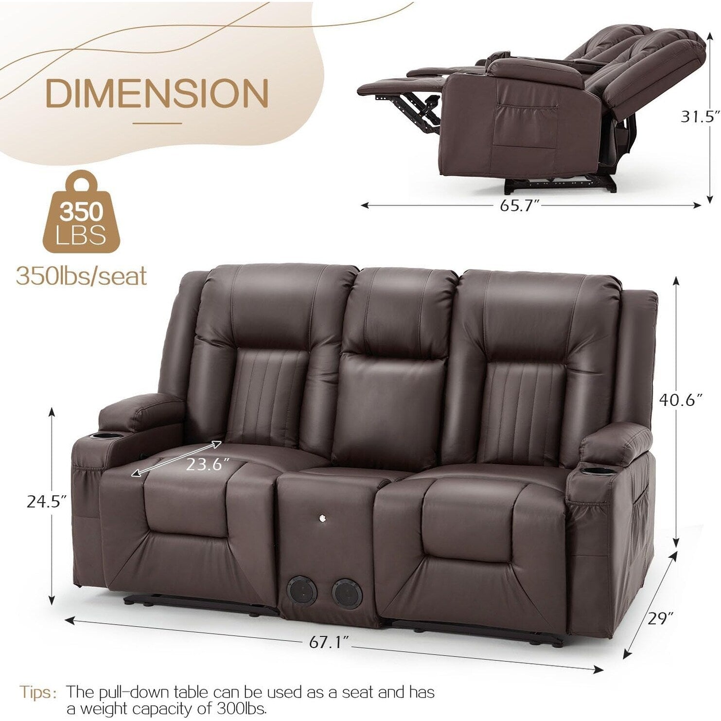 Divano reclinabile AECOJOY manuale per camper, divano reclinabile in PU per home theater con console