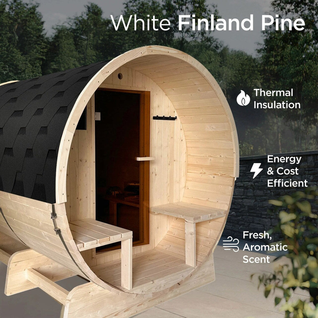 Sauna a botte in pino finlandese bianco ALEKO per 6-8 persone con riscaldatore elettrico UL - 88L x 73W x 79H pollici