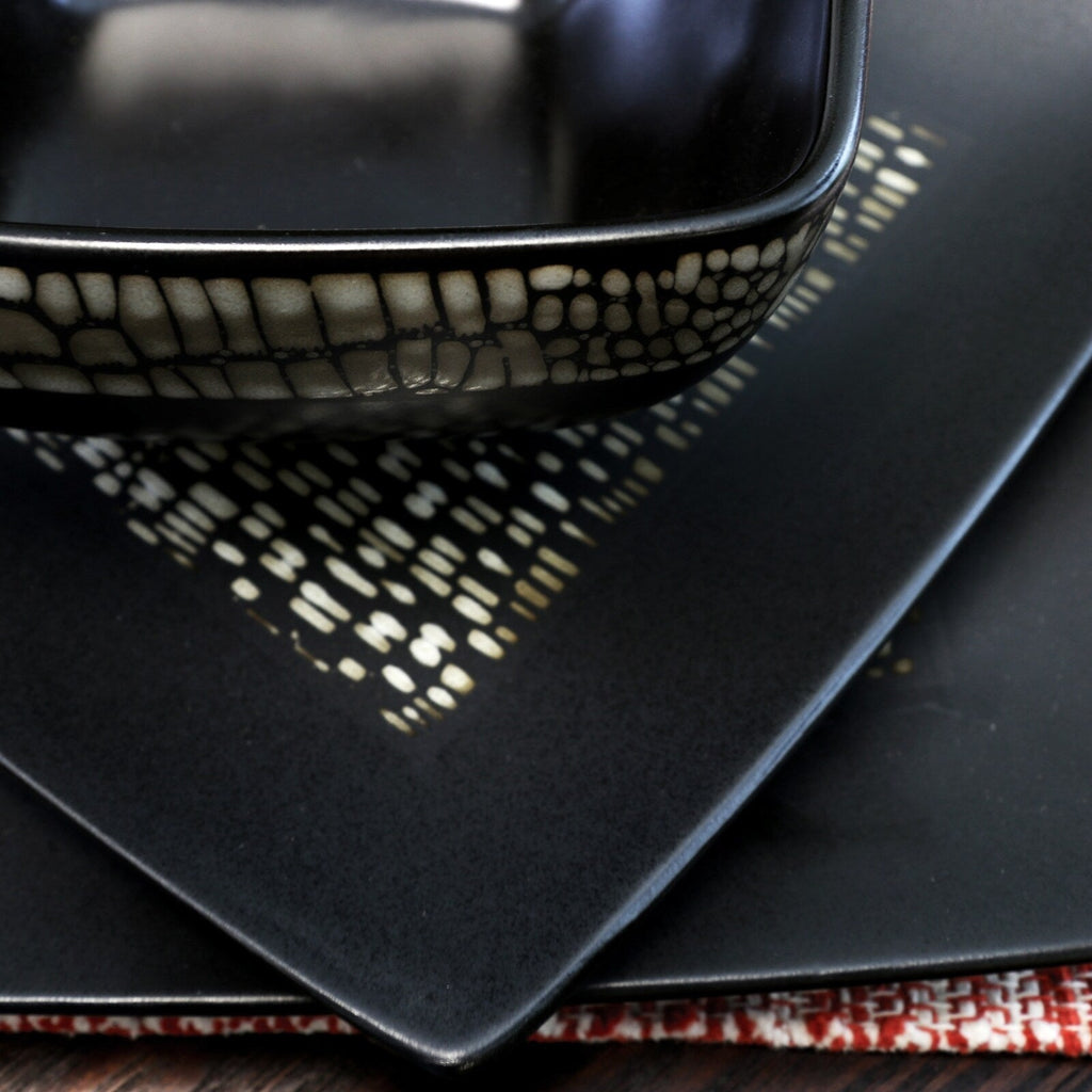 Set di stoviglie in gres nero con doppia ciotola quadrata astratta, 16 pezzi