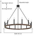 Lampadario a ruota di carro Acroma Farmhouse da 12 luci, 40 pollici, con UL - 40'' P x 138'' H