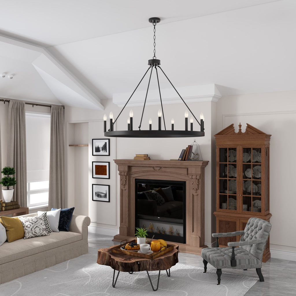 Lampadario a ruota di carro Acroma Farmhouse da 12 luci, 40 pollici, con UL - 40'' P x 138'' H