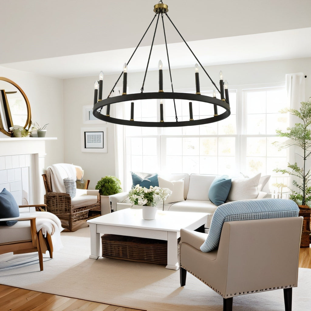 Lampadario a ruota di carro Acroma Farmhouse da 12 luci, 40 pollici, con UL - 40'' P x 138'' H