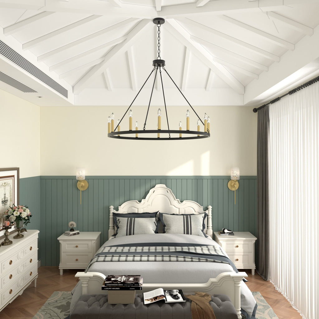 Lampadario a ruota di carro Acroma Farmhouse da 12 luci, 40 pollici, con UL - 40'' P x 138'' H