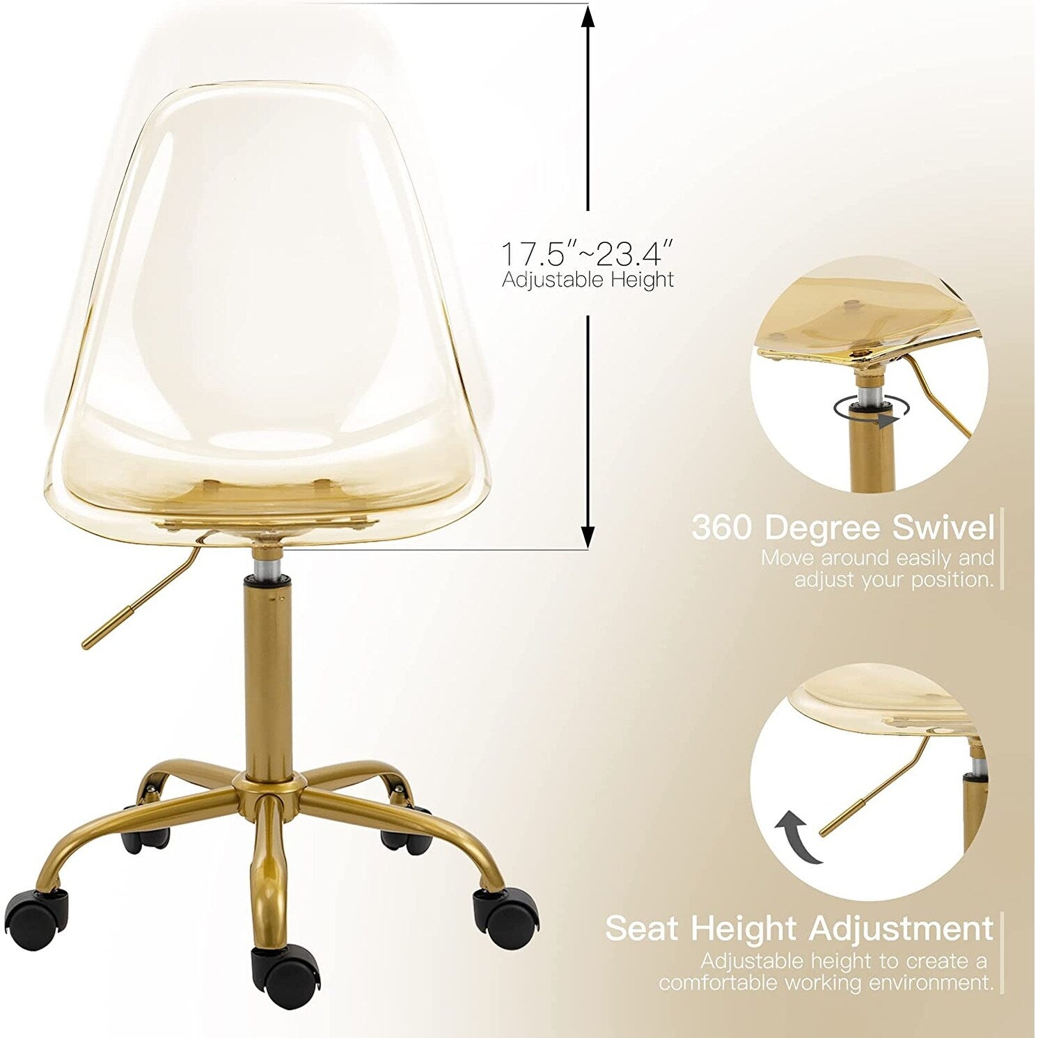 Sedia girevole in acrilico con altezza regolabile, senza braccioli, per ufficio domestico