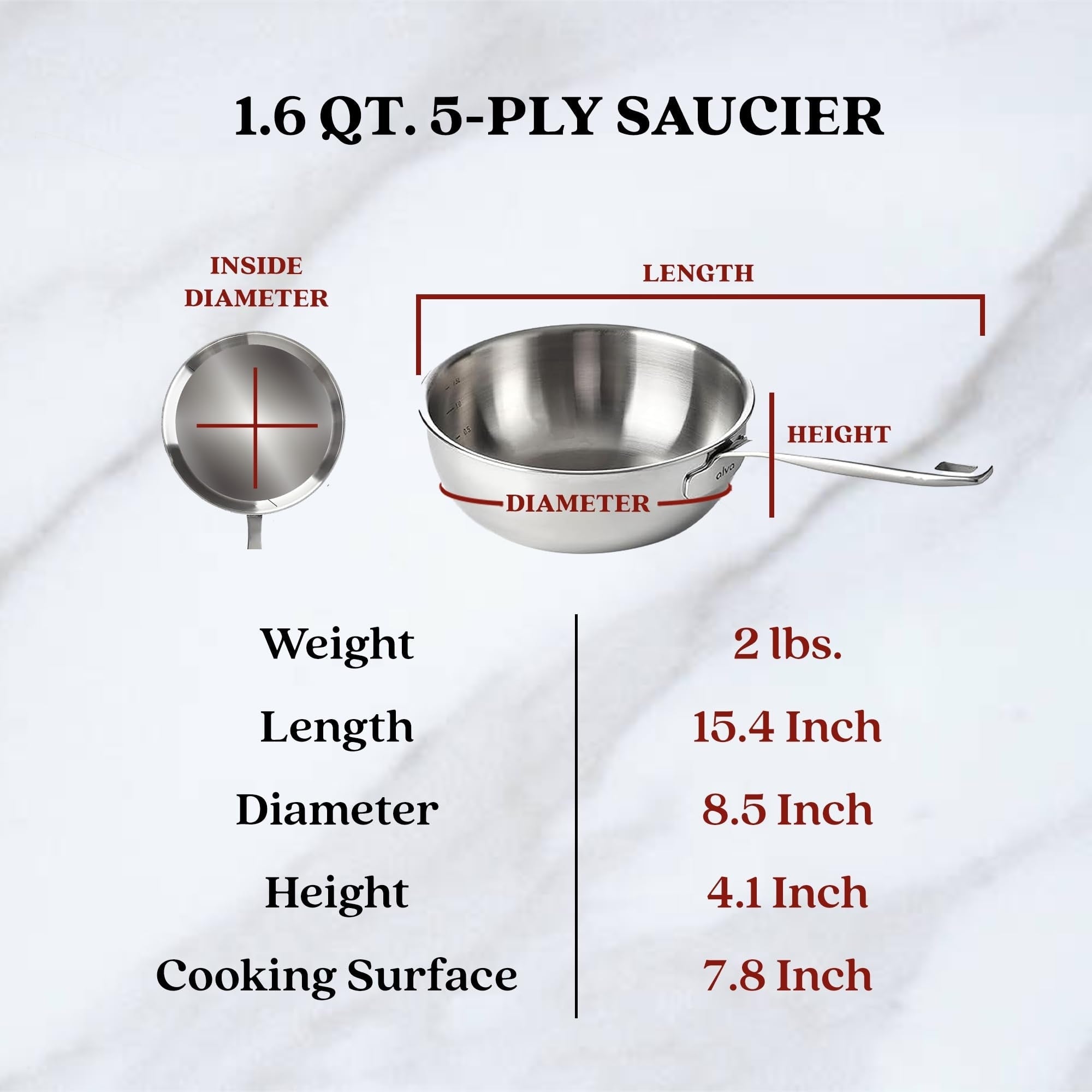 Alva Maestro Teglia in acciaio inox a 5 strati - 1,6 Qt. Non tossica