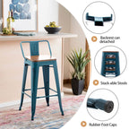 Sgabelli da bar con schienale, set di 4 sgabelli da bar in metallo industriale con seduta in legno