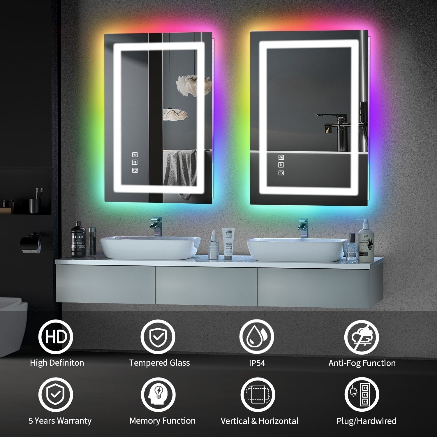 Specchio da bagno antiappannamento retroilluminato RGB e frontale a LED