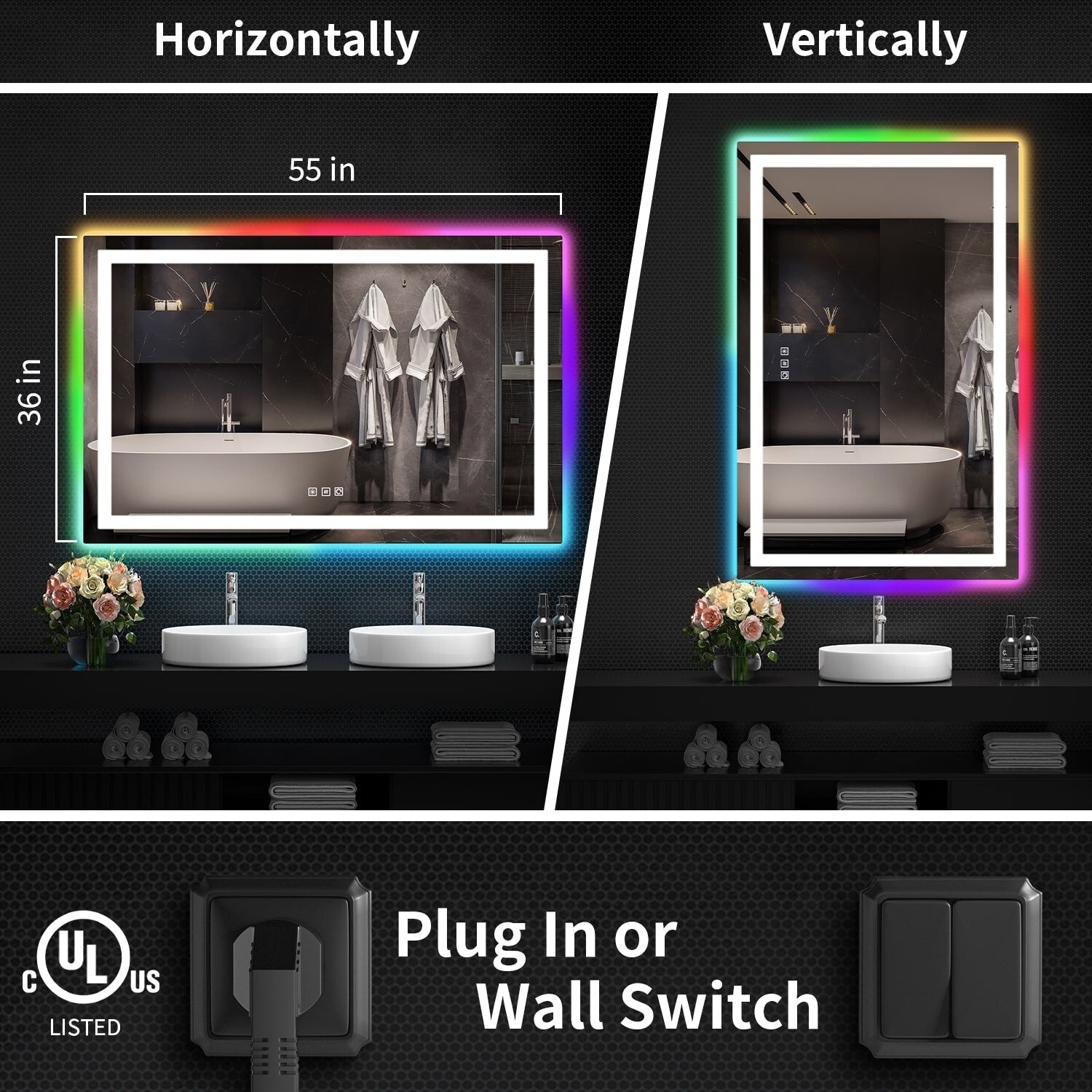 Specchio da bagno antiappannamento retroilluminato RGB e frontale a LED