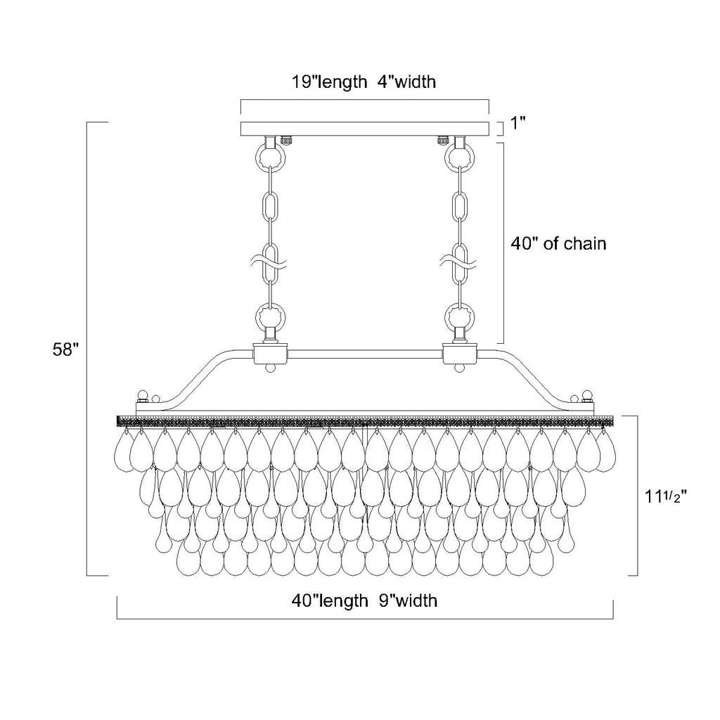 Lampada da cucina rettangolare a 6 luci in bronzo antico con cristalli pendenti - Bronzo antico