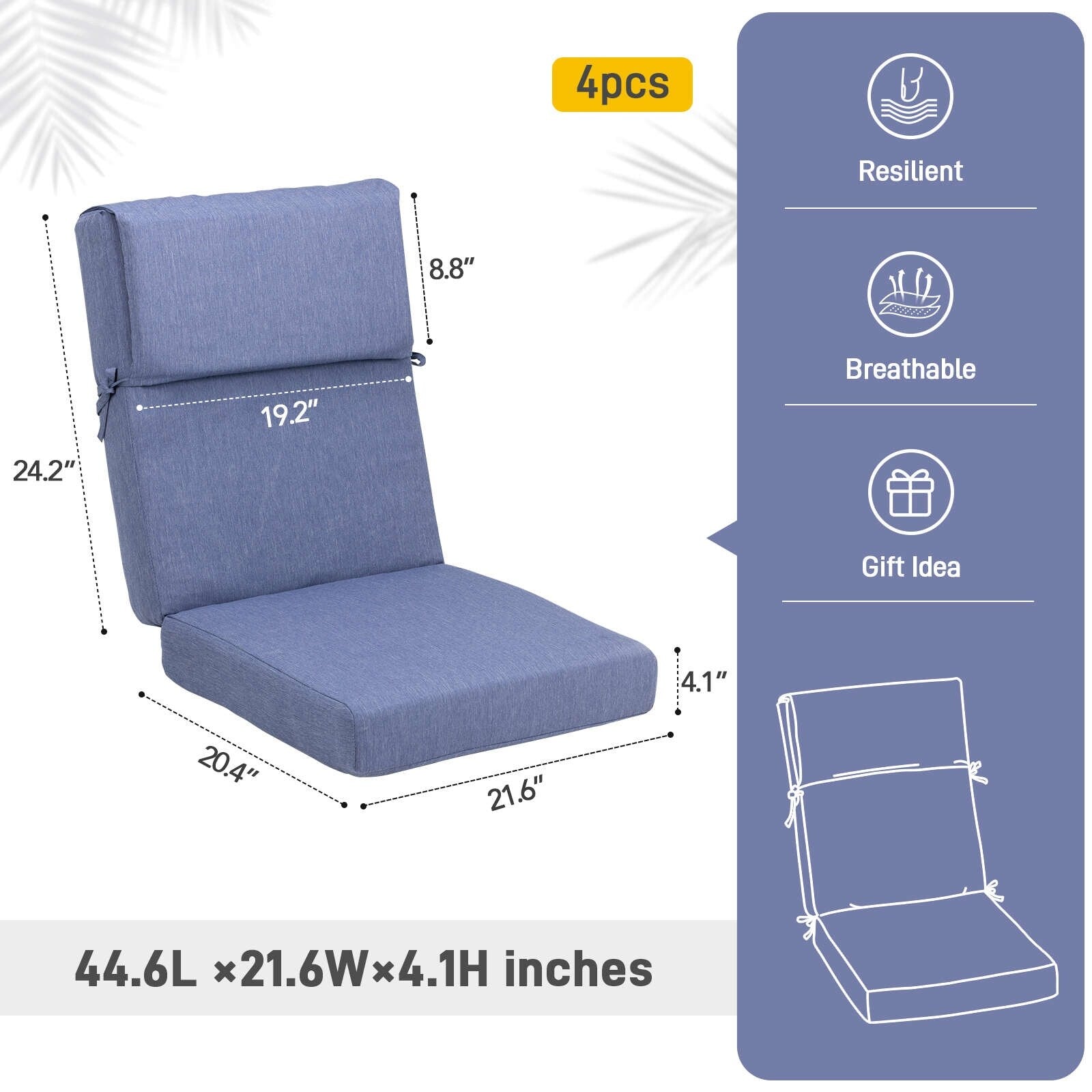 Set di 4 cuscini per sedia con schienale alto Aoodor Patio, 46x21x4 pollici (solo cuscini)