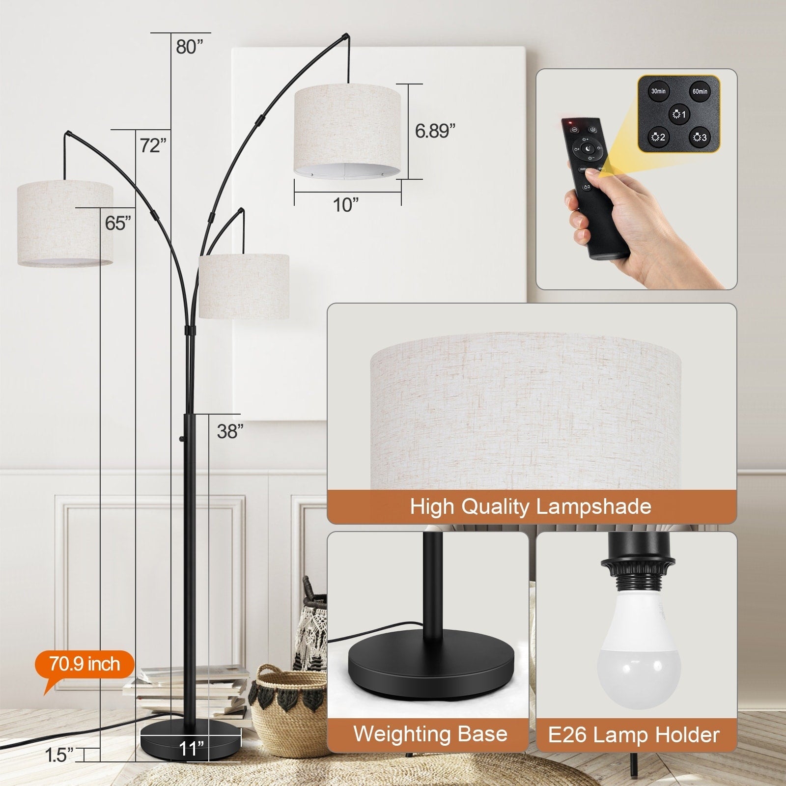 Lampada da terra ad arco LED dimmerabile moderna nera a 3 luci